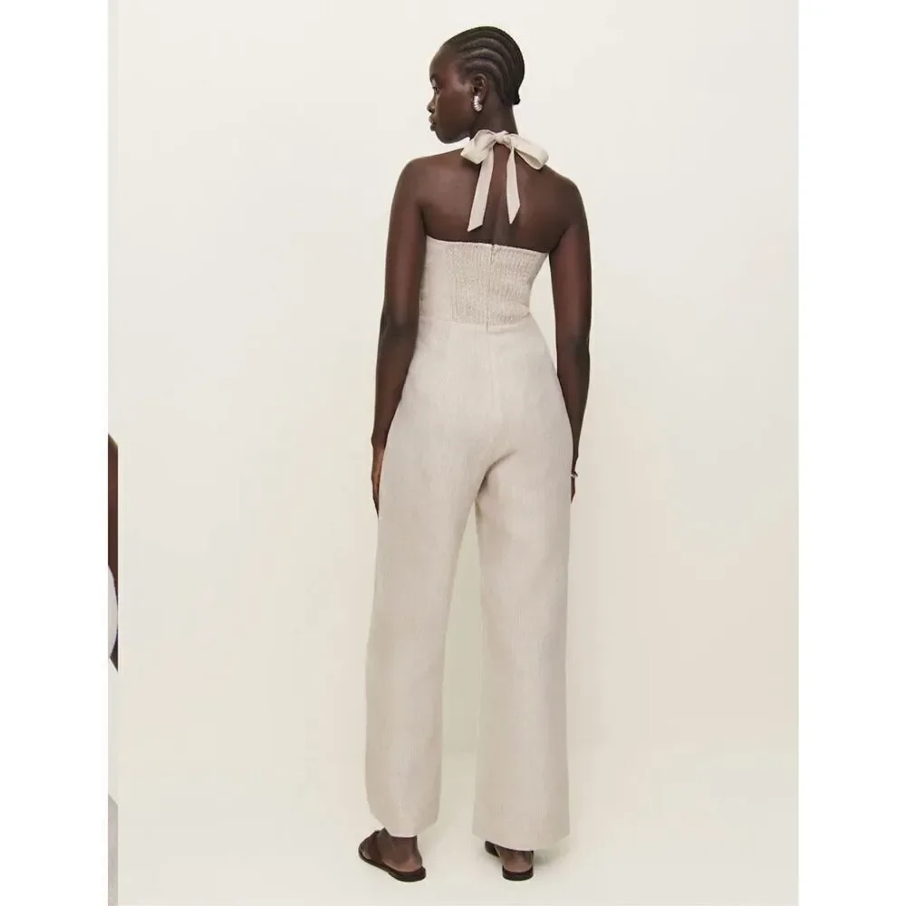 Malika oatmeal romper 100% linen never worn halter top sleeveless wide leg pant